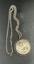 Silver crown 1891 Queen Victoria in a white metal mount on a white metal chain with part of the