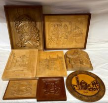 A collection of hand carved oak and sycamore wall plaques depicting Robin Hood's Bay (x 2) a rowdy