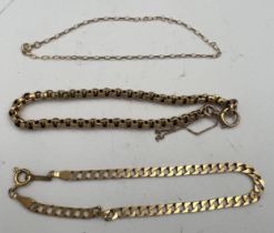 Three 9 carat gold chain bracelets. Total weight 9gms.
