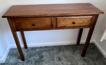 A modern oak two drawer side table. 110cm w x 36cm d x 81cm h.