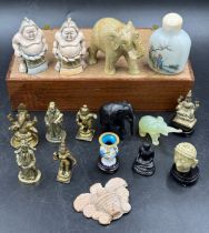 Miscellaneous object d'art to include hand painted snuff bottle, onyx elephant, brass figures,