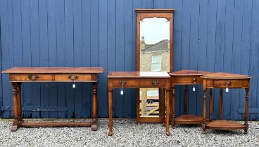 A set of hardwood and yew furniture by Simpsons of Norfolk, comprising a two drawer hall table 122 x