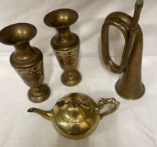 Vintage copper bugle approx. 36cm h, along with a metal teapot approx. 16cm h and 26cm w tip of