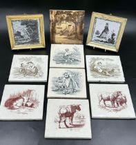 Tiles collection x 10. Mintons x 7, 3 animals and 4 rural scenes, possibly two Bristol tiles and