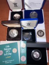 Coins to include a 2021 50th Anniversary of Decimal Day 50p silver proof, 3 x 5 pound coins Silver