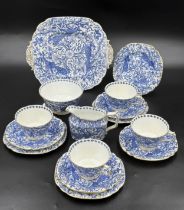 A Royal Crown Derby blue and white part tea service in Peacock pattern, Reg No. 758225 to include