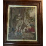 A 19thC woolwork picture depicting a cottage interior with children at play in a deep rosewood frame