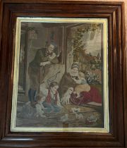 A 19thC woolwork picture depicting a cottage interior with children at play in a deep rosewood frame