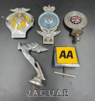 Motoring related badges to include vintage Pegasus chrome plated car mascot, square AA badge, chrome