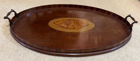 A mahogany and inlaid Edwardian serving tray with brass handles. 59cm x 38.5cm.