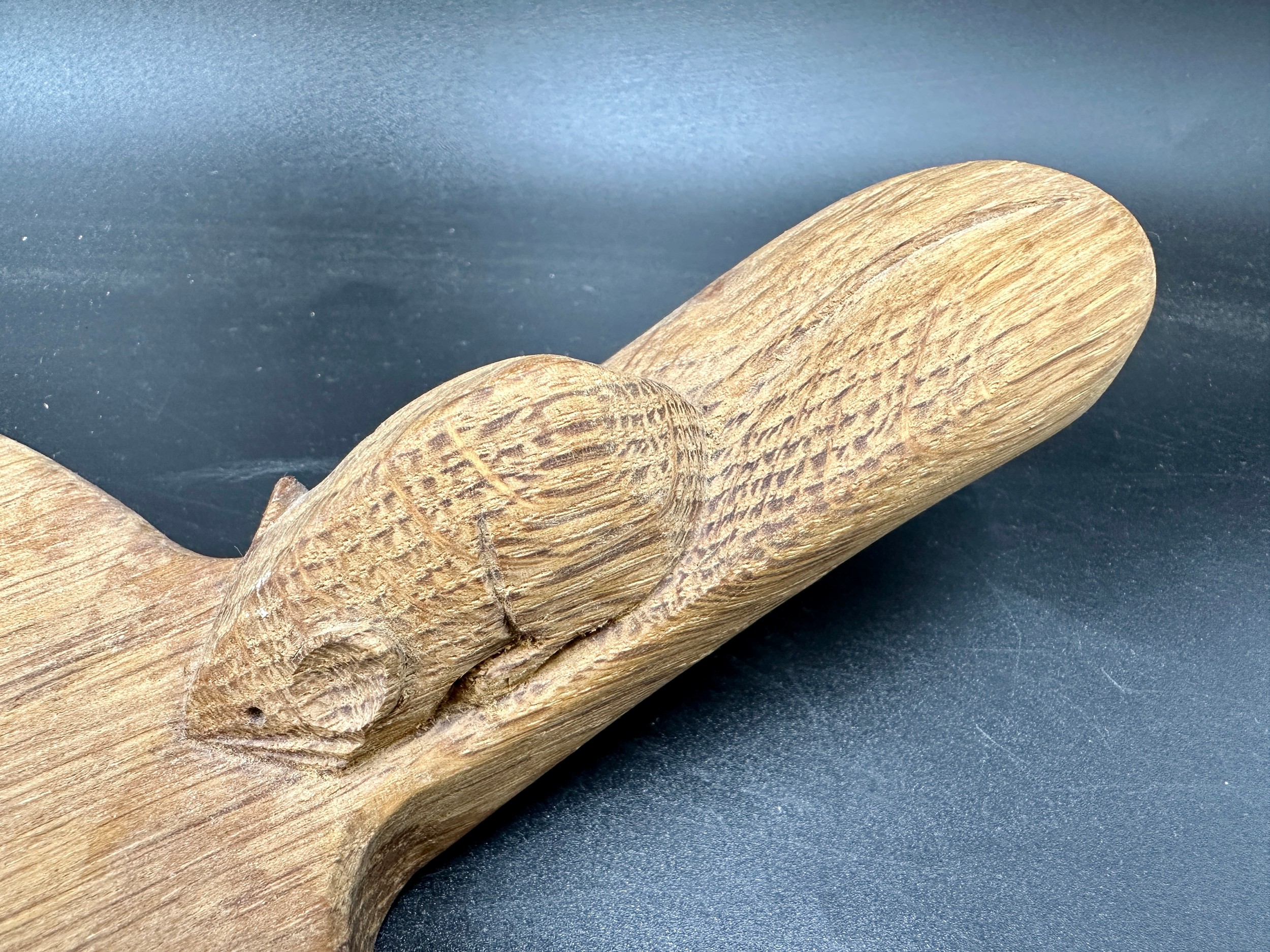 Robert Thompson 'Mouseman' of Kilburn, an adzed oak cheese board of oval form with a carved mouse - Image 5 of 5