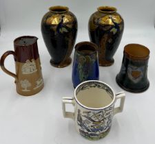 Ceramics to include a pair of Phoenix Ware gilded peacock vases, Thomas Forrester & sons, Royal