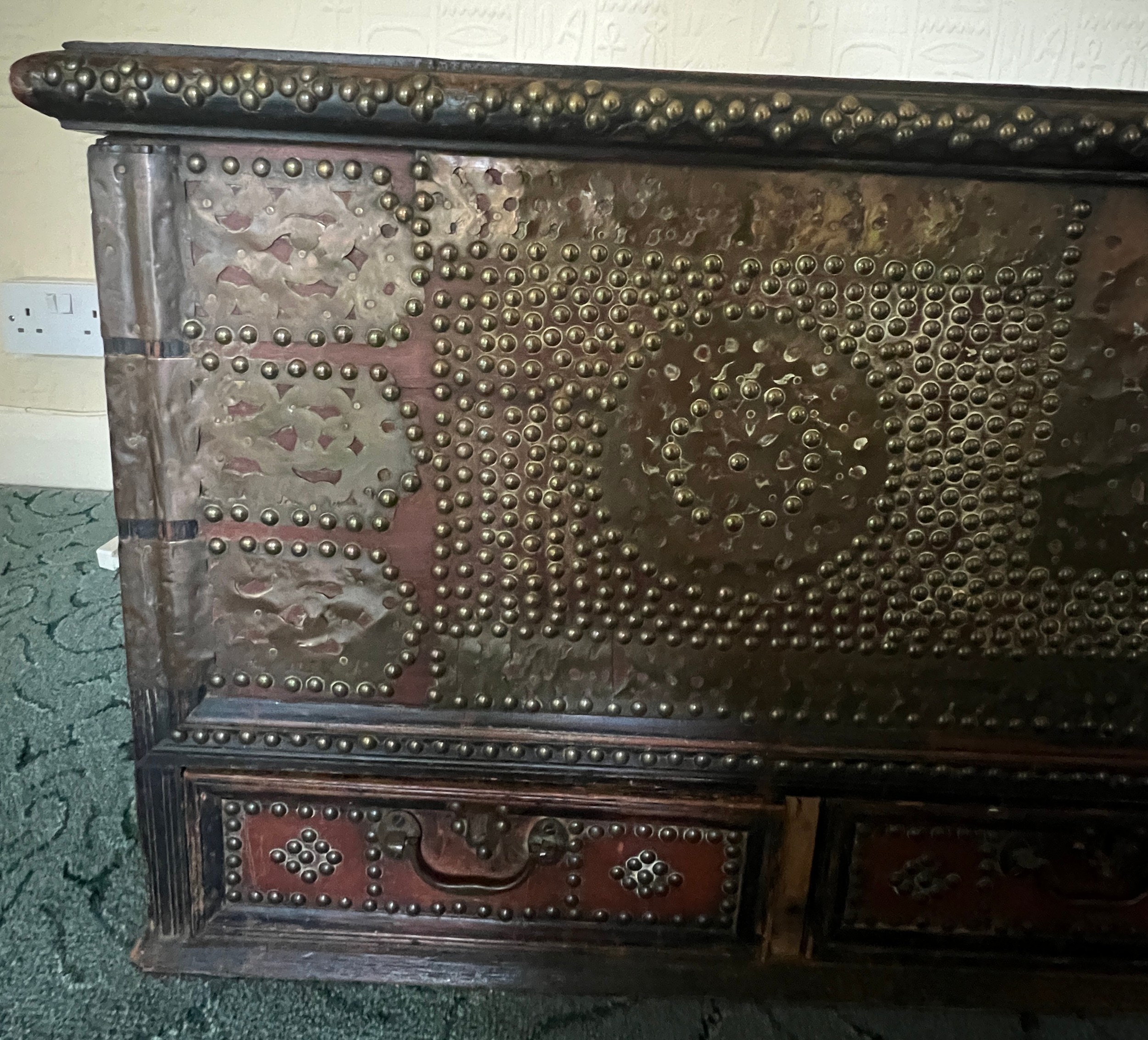 A 19thC Middle Eastern brass studded blanket box with interior candle box and three drawers to base. - Bild 2 aus 7