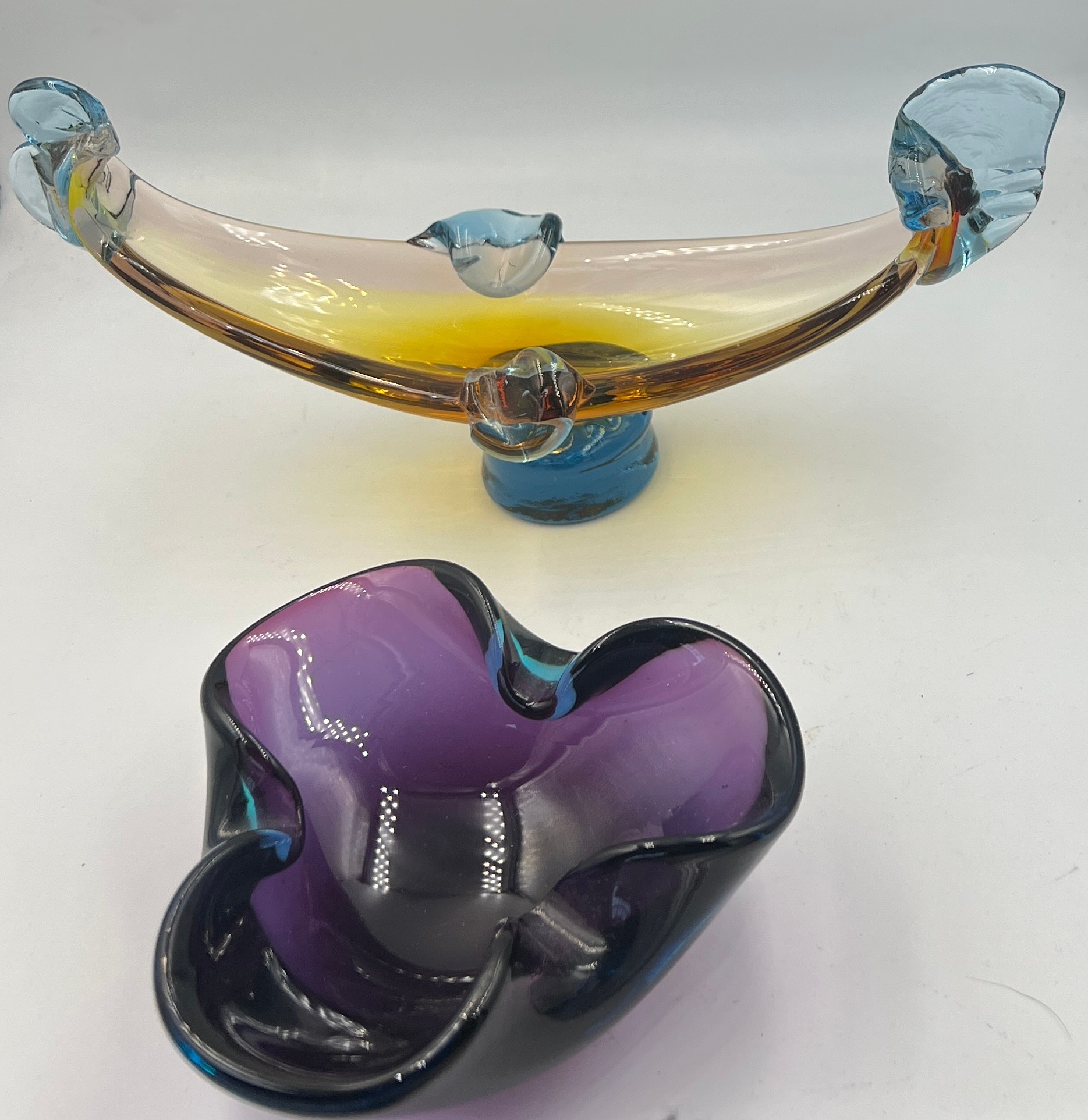 Mid 20thC Murano glass bowls to include blue and amber gondola shape and purple circular 11.5cm d.