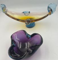 Mid 20thC Murano glass bowls to include blue and amber gondola shape and purple circular 11.5cm d.
