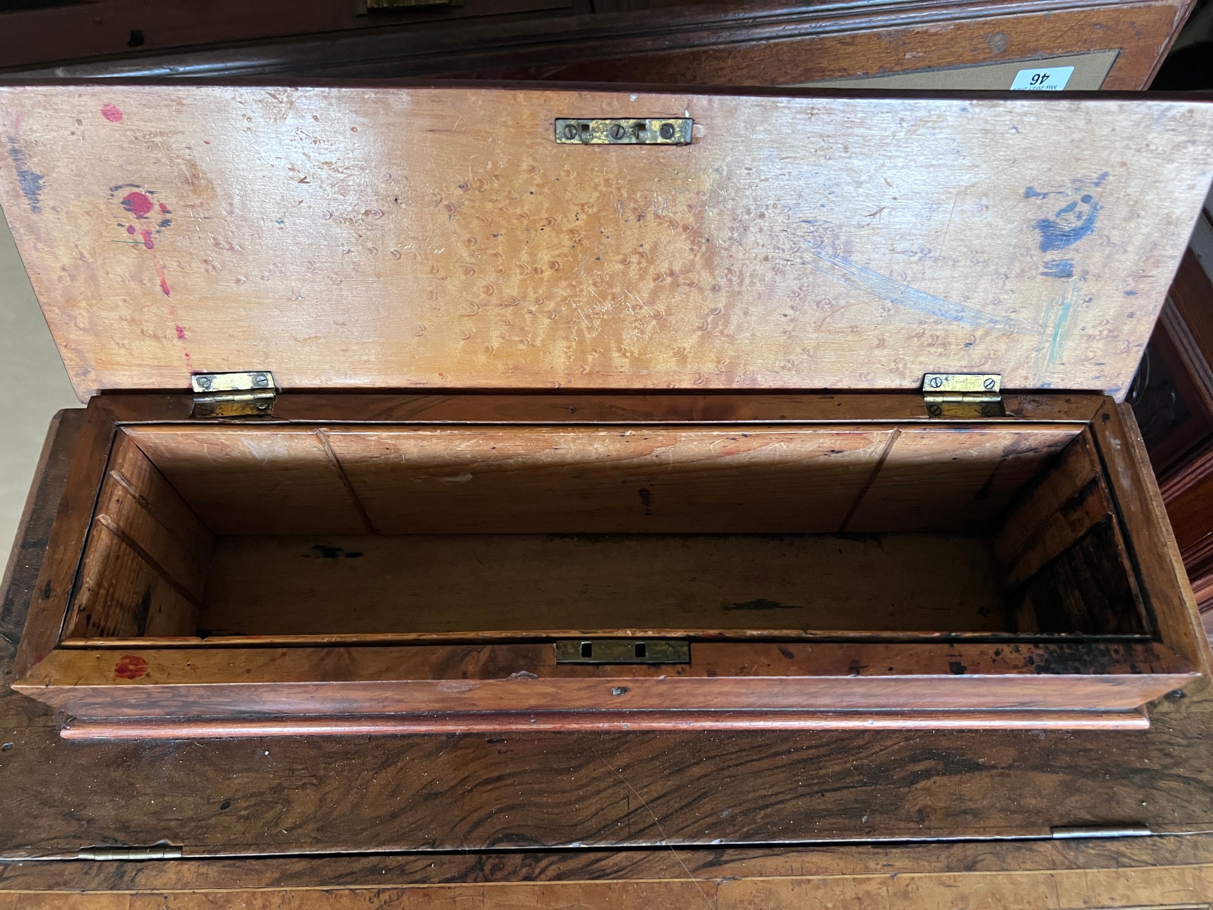 A 19thC walnut Davenport desk with bird’s eye maple interior. 81cm h x 53cm w x 54cm d. - Image 5 of 6