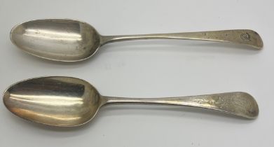 Two silver tablespoons, both bottom marked, one with marks rubbed, the other London 1766. Maker