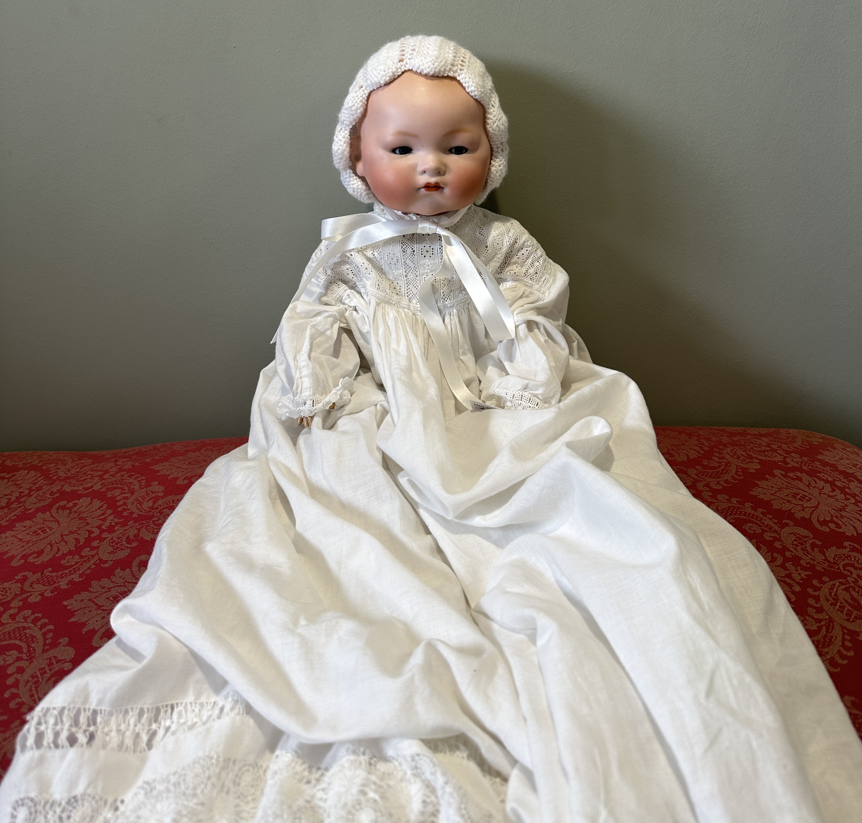 One Armand Marseille bisque headed doll in white cotton gowns. Marked A.M. Germany 341/8 - Image 3 of 5
