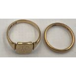 Two 9 carat gold rings, a wedding band, size M and a signet ring, size T. Total weight 7.7gm.