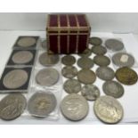 A quantity of coins to include Florins, Half Crowns and Crowns plus Old Spice token and decorative