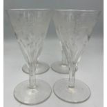 Four 19thC glasses etched with grapes and vine leaves. 12.5cm h.