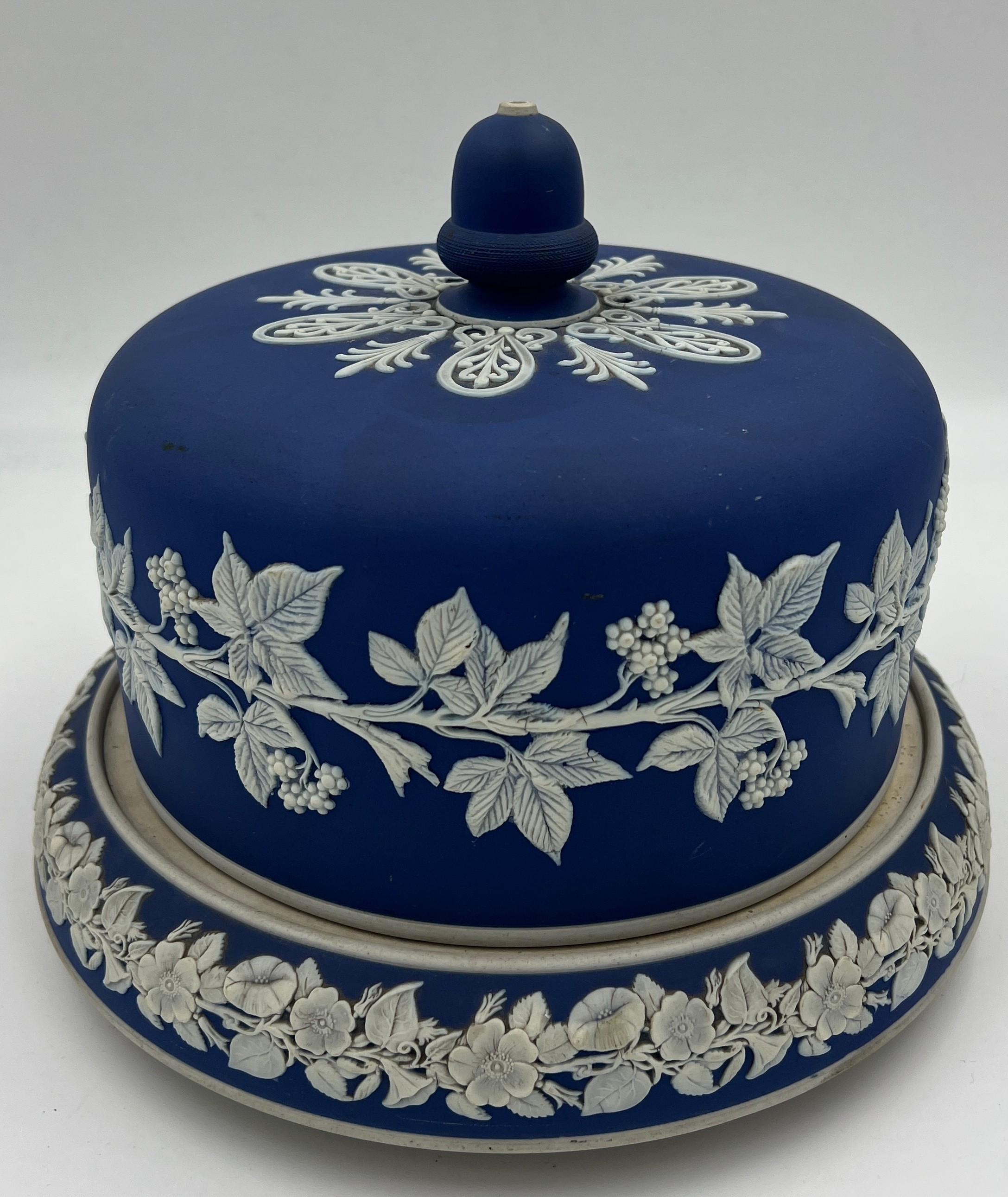 A 19thC dark blue Jasperware Stilton dish. Approximately 23cm h x 30 d.