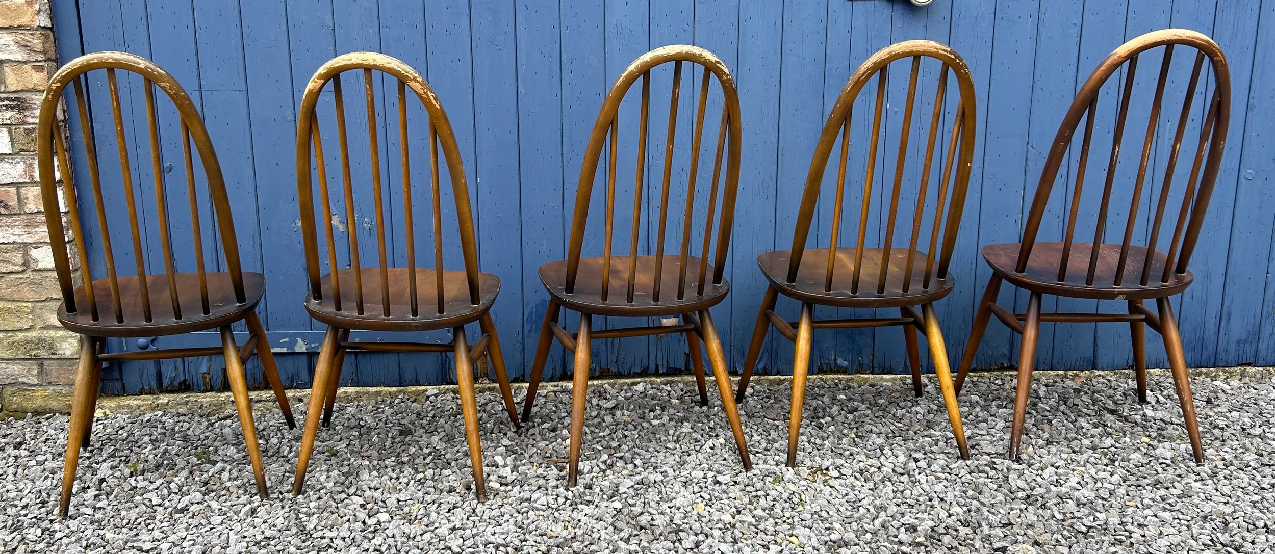 Five Ercol Quaker stick back dining chairs 95cm back, 42cm seat. - Image 4 of 13