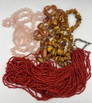 Bead necklaces to include amber, rose quartz, agate and coral.