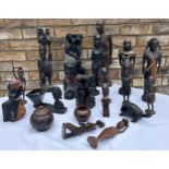 Tribal dark wooden African figures, ornaments and bowls. Tallest 42cm h. (20)