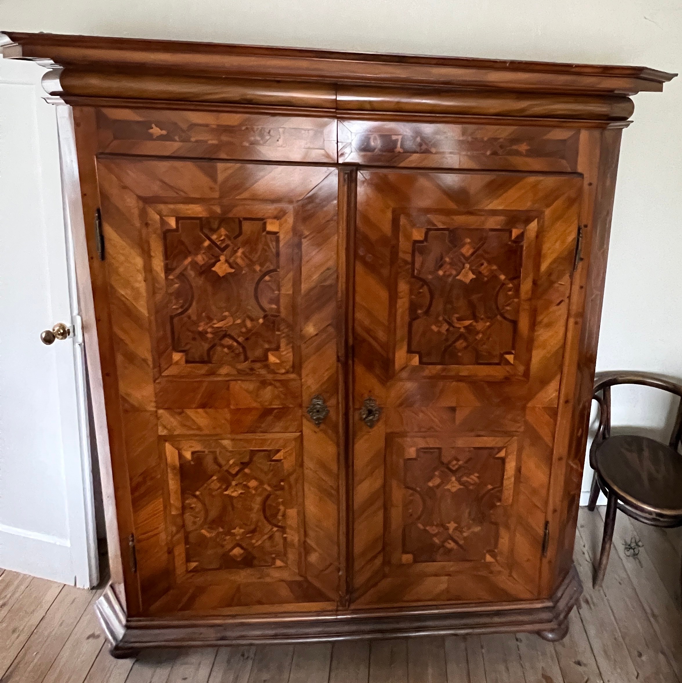 An 18thC Austrian inlaid two door wardrobe on bun feet. Dated 1727 to the top. 202cm h x 57cm d x - Image 6 of 20