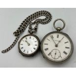 Two pocket watches to include hallmarked silver with silver watch chain, 4cm d, total weight 87gm