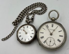 Two pocket watches to include hallmarked silver with silver watch chain, 4cm d, total weight 87gm