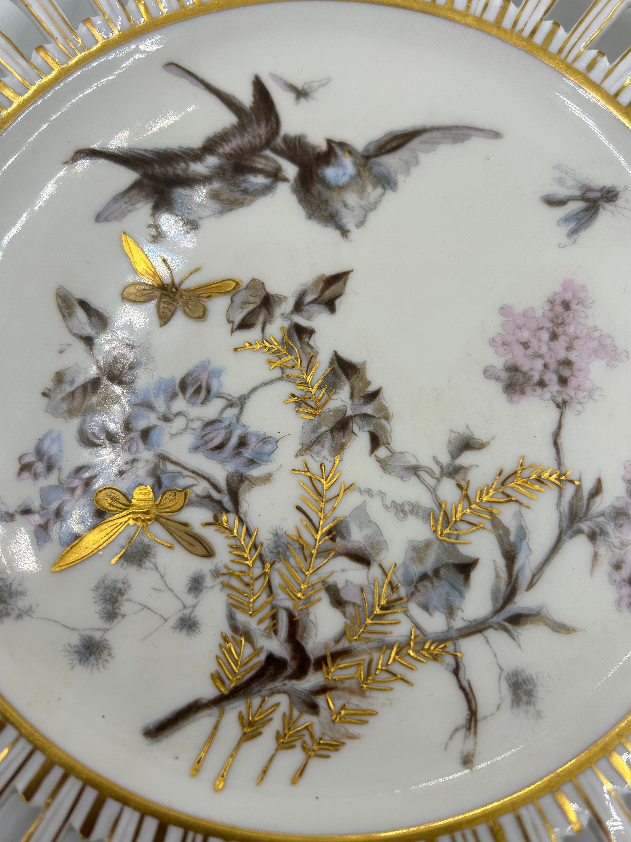 Fischer & Mieg 19thC porcelain part tea service, with ribbon borders, floral, bird and gold insect - Image 4 of 5