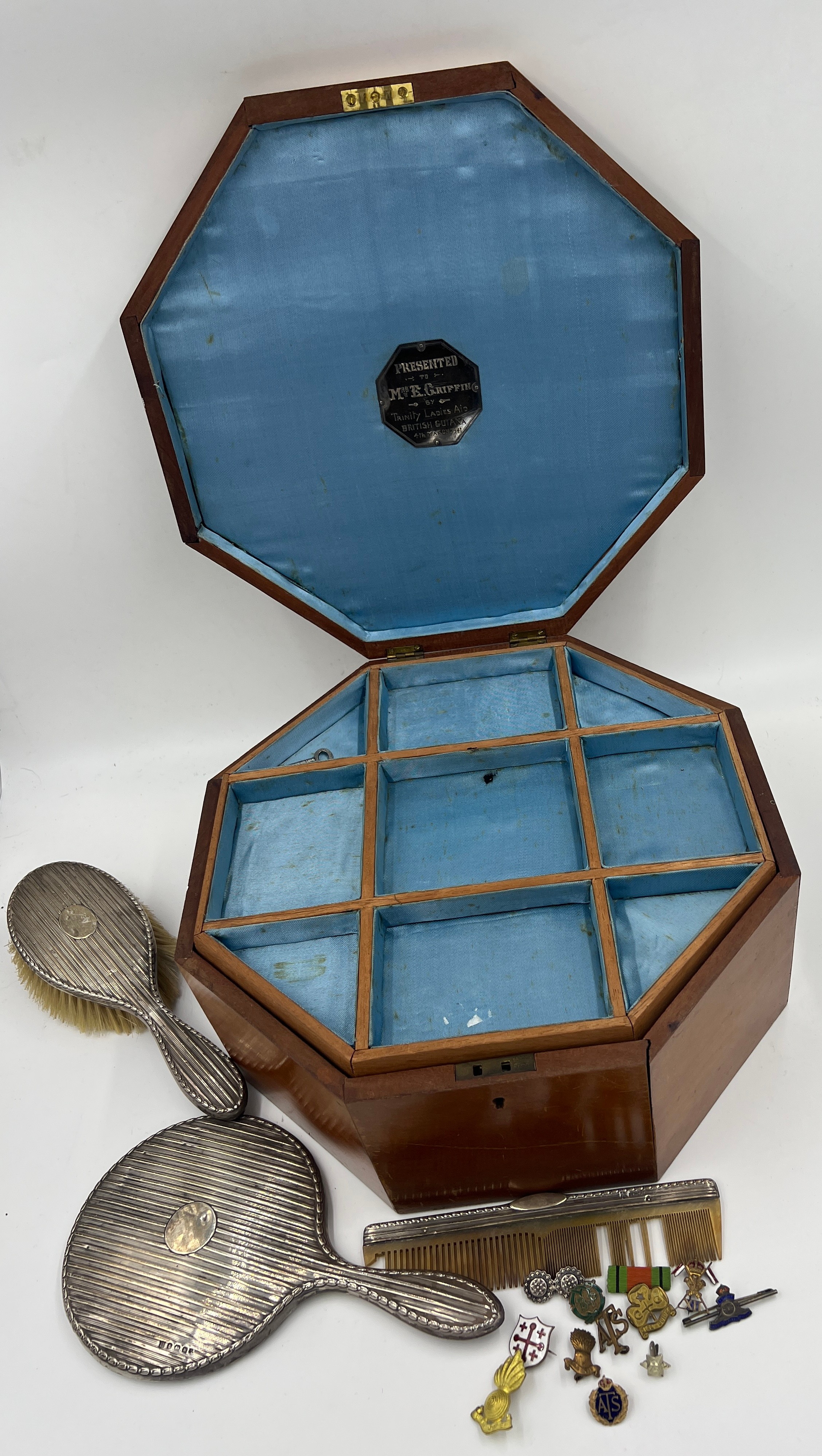 A miscellany to include an octagonal inlaid box, silver backed mirror, brush, comb and various - Image 2 of 4
