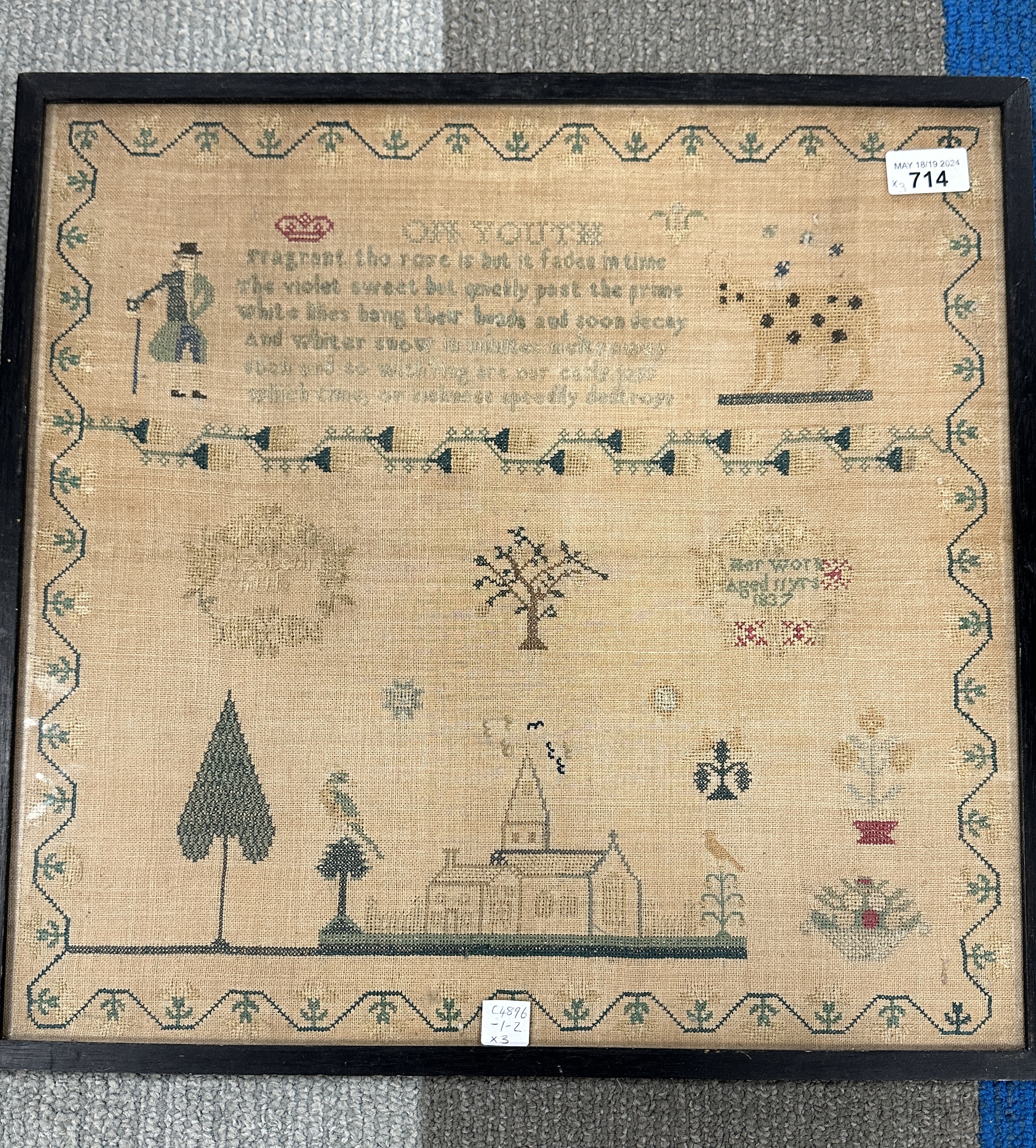 Three early 19thC cross stitch samplers to include times table Mary Whittle’s work 1816, 32cm x - Image 8 of 11