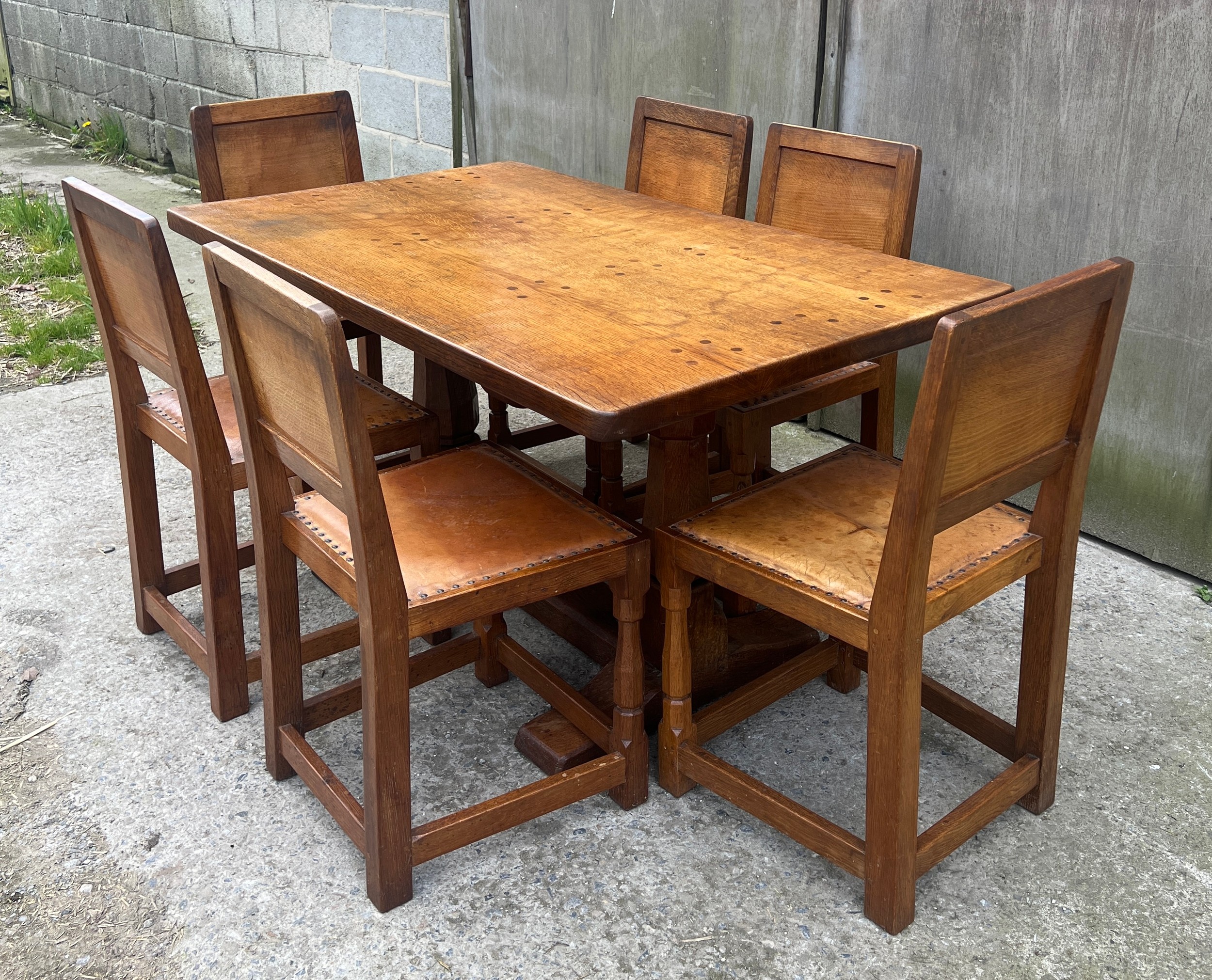 A Robert Thompson ‘Mouseman’ adzed oak dining table and six chairs given by Robert to his daughter - Image 15 of 44