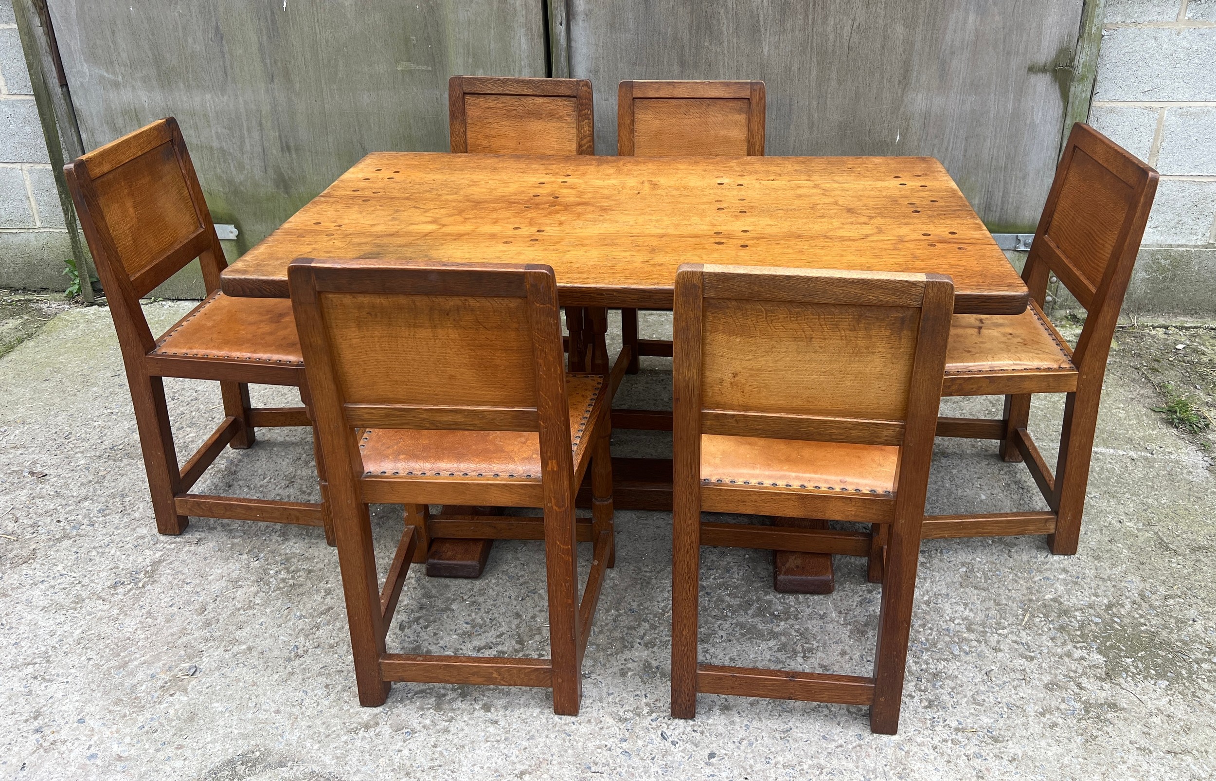 A Robert Thompson ‘Mouseman’ adzed oak dining table and six chairs given by Robert to his daughter - Image 16 of 44