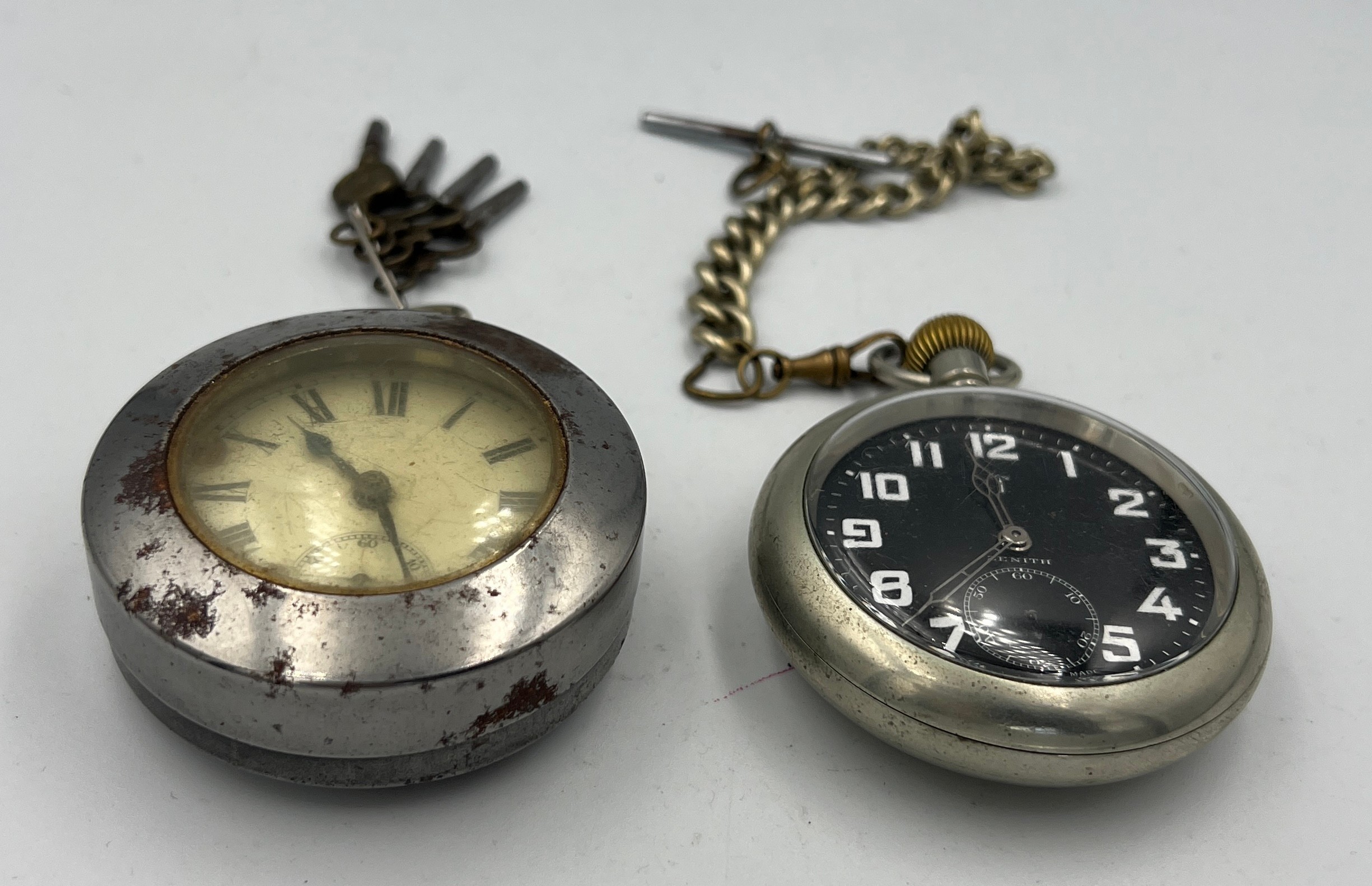 Two pocket watches to include military Zenith with chain and a metal cased watch.