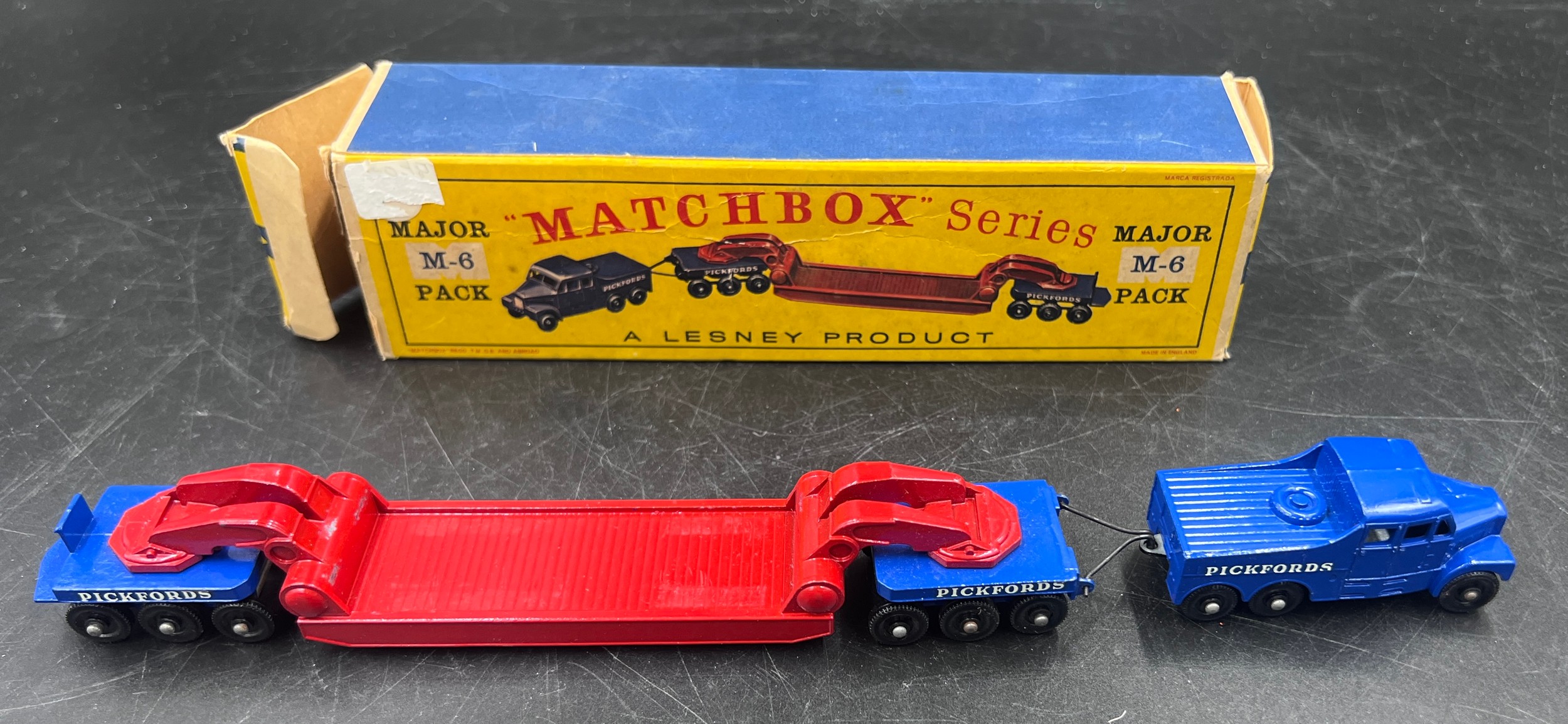 A boxed Lesney 'Matchbox' series M-6 Major pack Pickfords 200 ton transporter, dark blue tractor