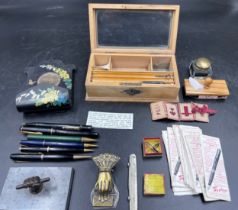 Writing instruments to include Osmiroid 65, Fyne Poynt pencil, Parker No.3 pencil, Conway Stewart '