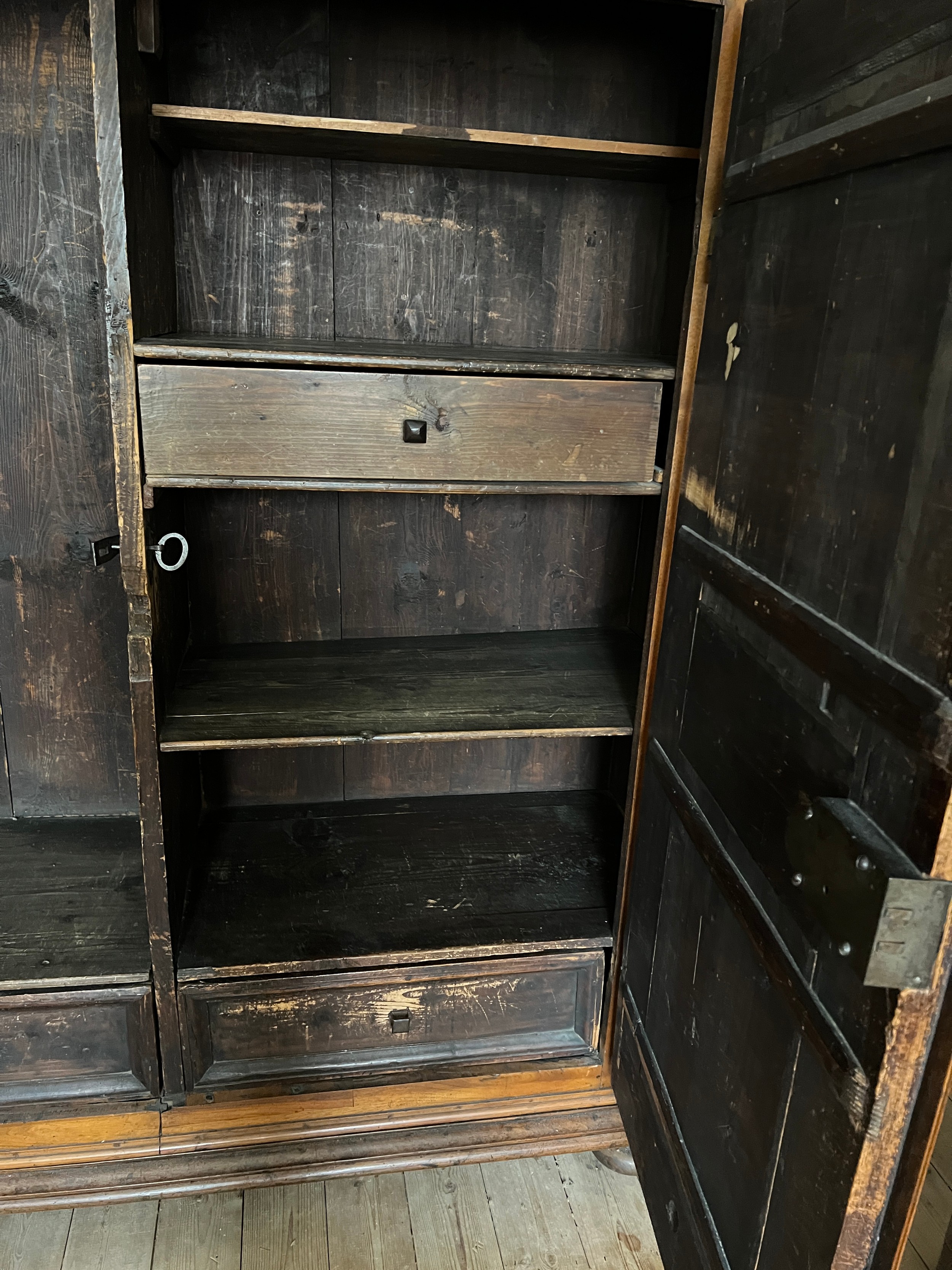 An 18thC Austrian inlaid two door wardrobe on bun feet. Dated 1727 to the top. 202cm h x 57cm d x - Image 12 of 20