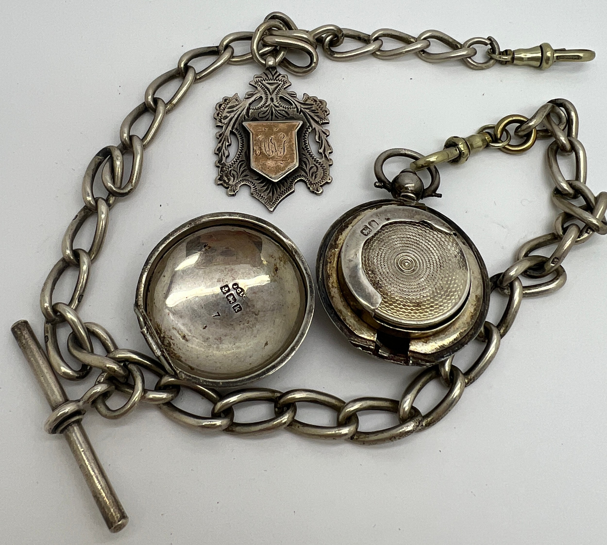 Hallmarked silver watch chain with medal fob, sovereign case and T bar. All links marked.Total - Bild 2 aus 2