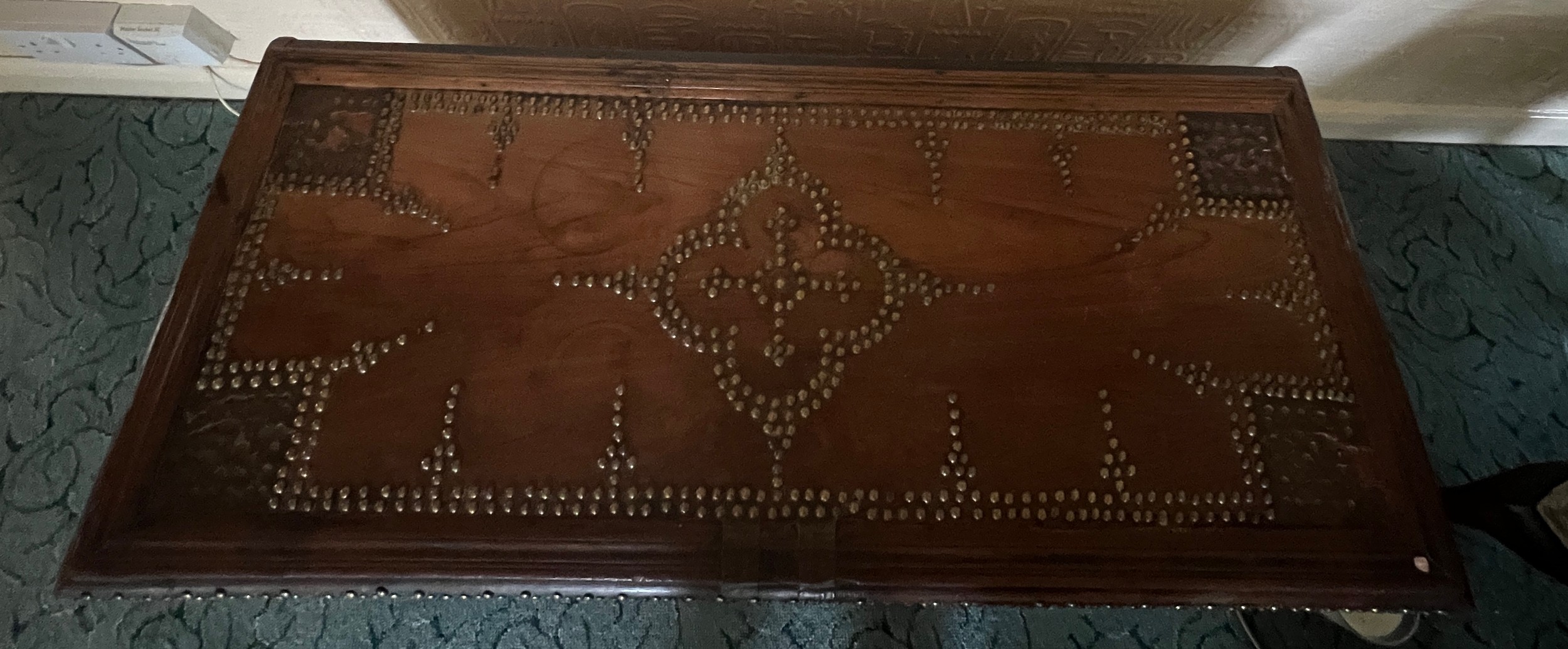 A 19thC Middle Eastern brass studded blanket box with interior candle box and three drawers to base. - Bild 5 aus 7