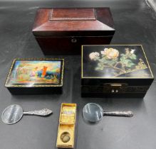Boxes to include Russian lacquer, rosewood tea caddy and a Chinese vintage black lacquer and