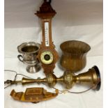 A mixture of items to include a copper planter, silver plated planter, a vintage barometer, a tall