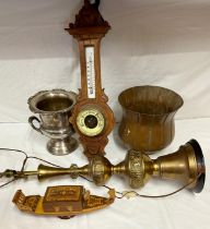 A mixture of items to include a copper planter, silver plated planter, a vintage barometer, a tall