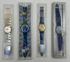 Four Swatch Watches: 50th Anniversary of The United Nations, 1996 Atlanta Olympics Team GB, SLK100
