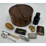 A miscellany to include : leather collar box, silver plated etui, ebony cased scent bottle, horn