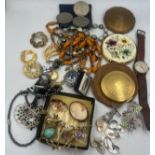 A quantity of costume jewellery and compacts to include two Stratton compacts, silver cufflinks,