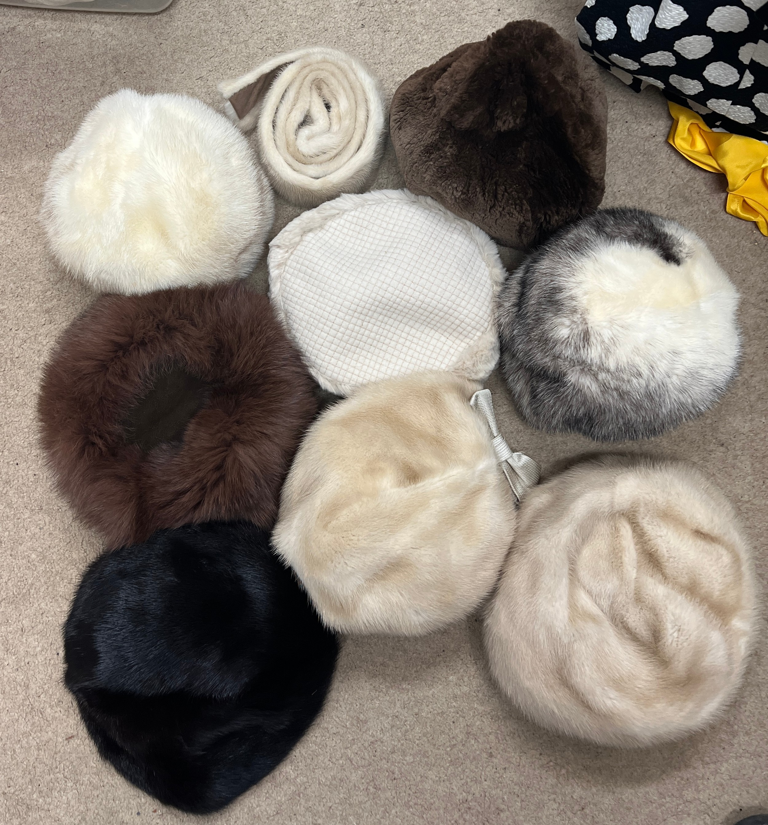 Eight various vintage fur hats and a mink belt.